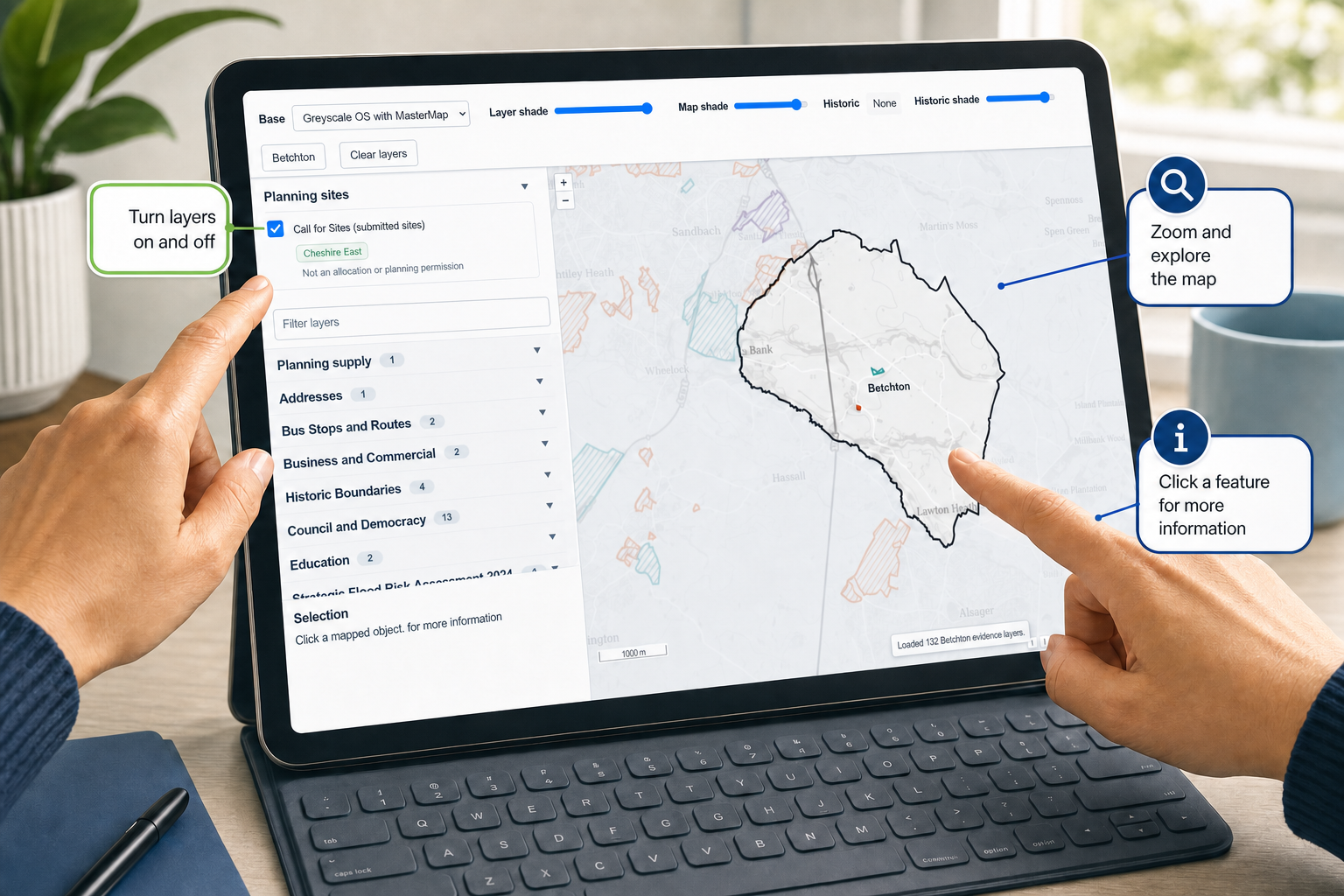 Illustration of a resident using the Betchton map, choosing layers, zooming and clicking a feature